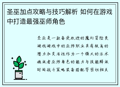 圣巫加点攻略与技巧解析 如何在游戏中打造最强巫师角色